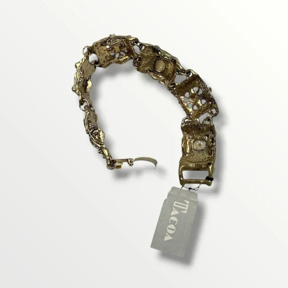 Vintage 90's TACOA Gold Panel Bracelet with Multicolor Crystal and Pearl Accents - Picture 4 of 6